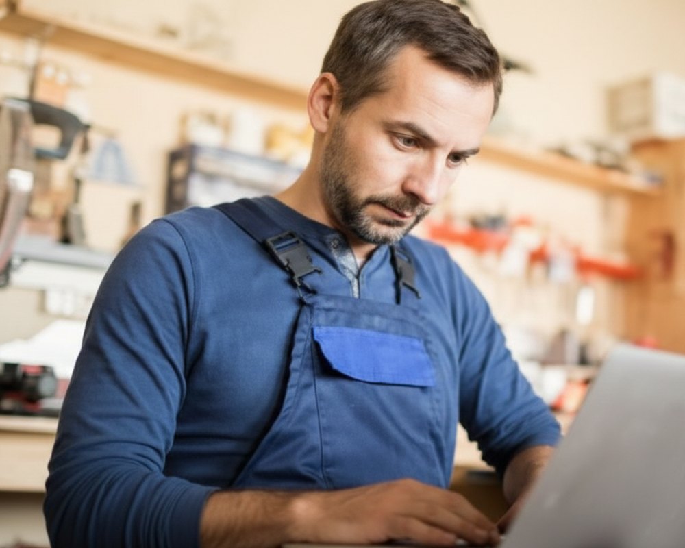 Small business owner running their workshop from a laptop